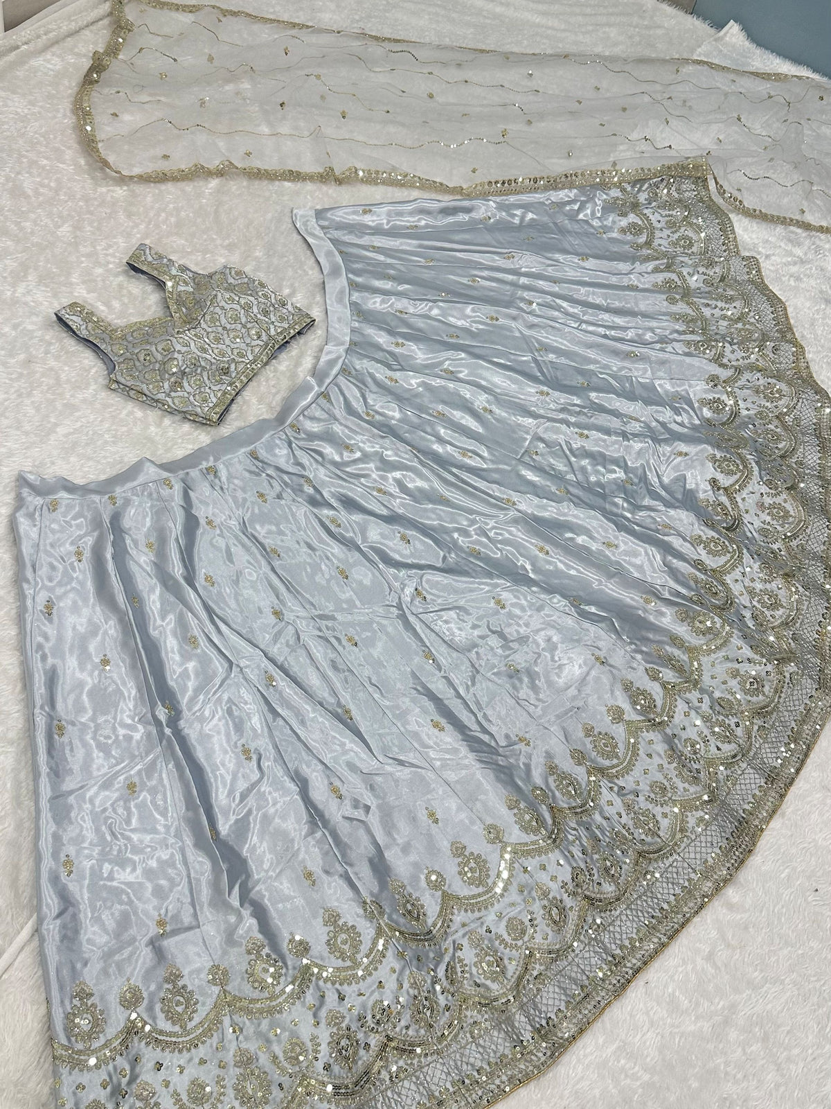 Graceful Grey Embroidered Silk Reception Wear Lehenga Choli