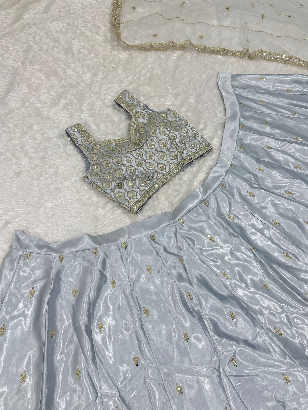 Graceful Grey Embroidered Silk Reception Wear Lehenga Choli