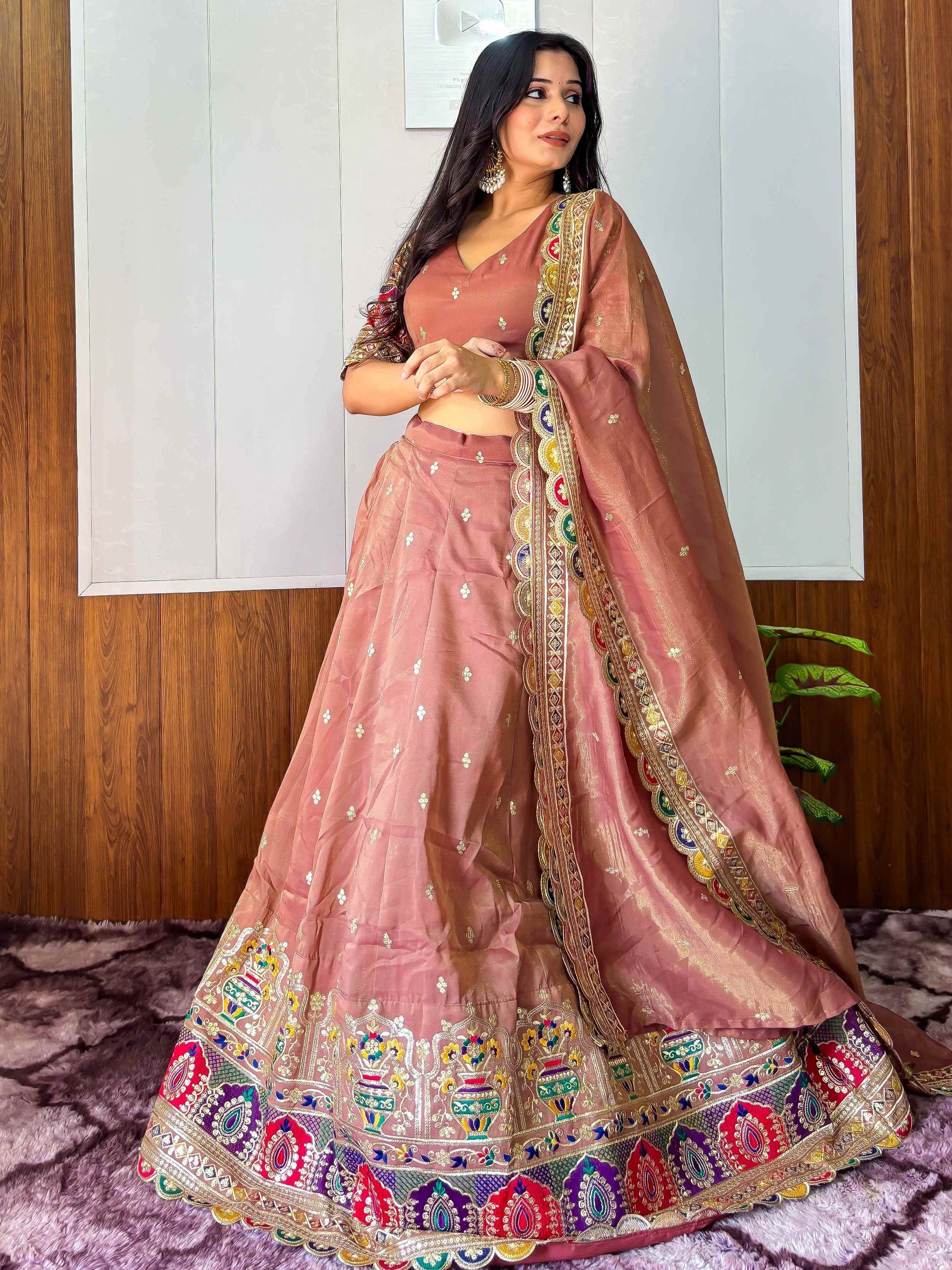 Eye-Catching Beige Sequins Work Silk Function Wear Lehenga Choli With Dupatta