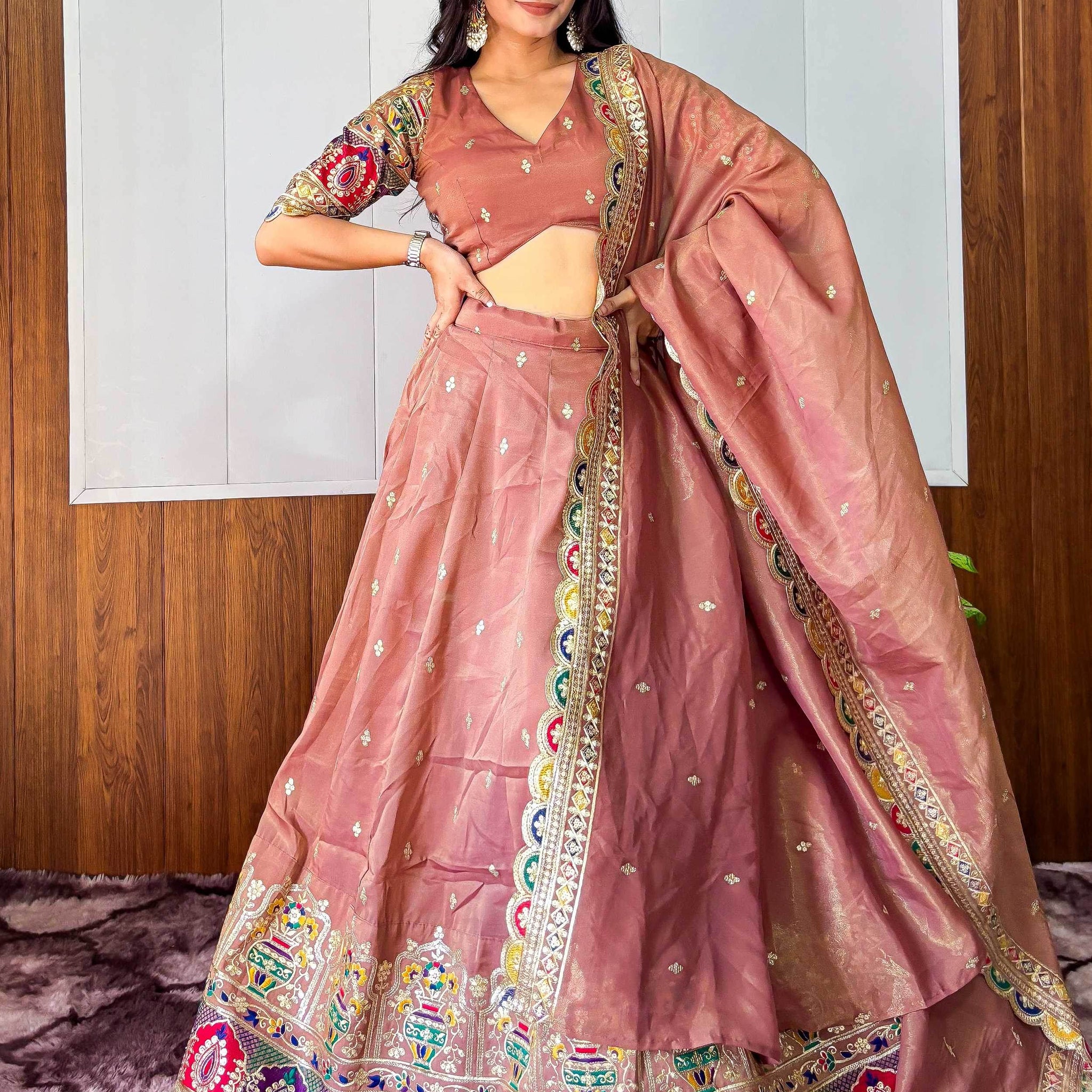 Eye-Catching Beige Sequins Work Silk Function Wear Lehenga Choli With Dupatta