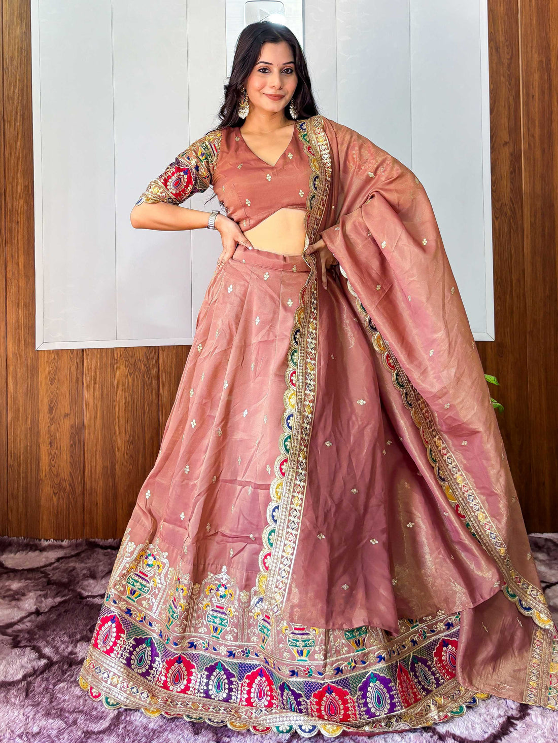 Eye-Catching Beige Sequins Work Silk Function Wear Lehenga Choli With Dupatta