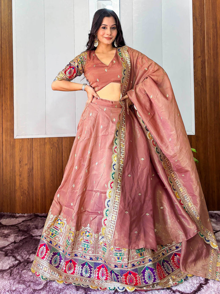 Eye-Catching Beige Sequins Work Silk Function Wear Lehenga Choli With Dupatta