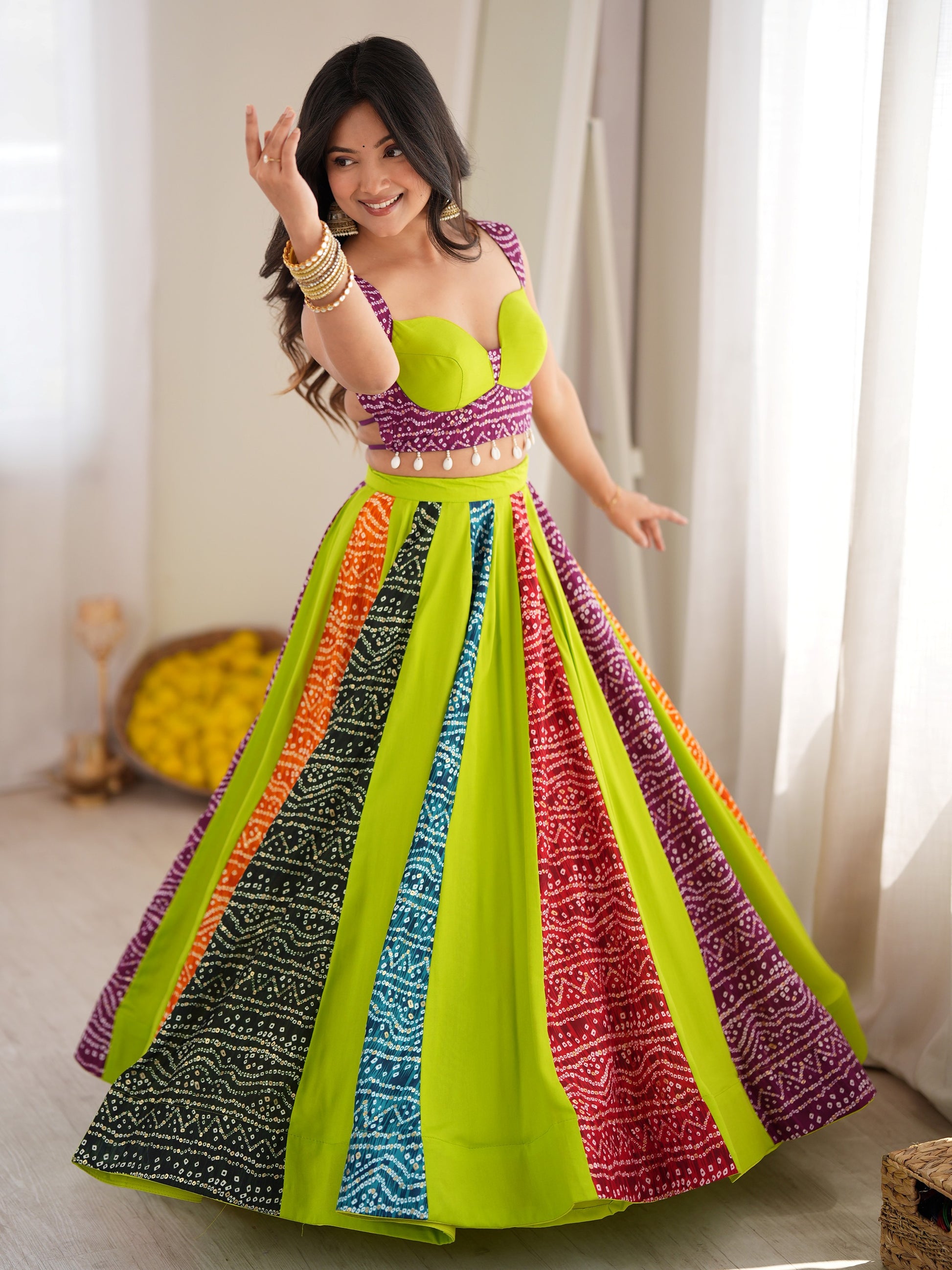 Stylist Parrot Green Digital Printed Rayon Navratri Wear Lehenga Choli
