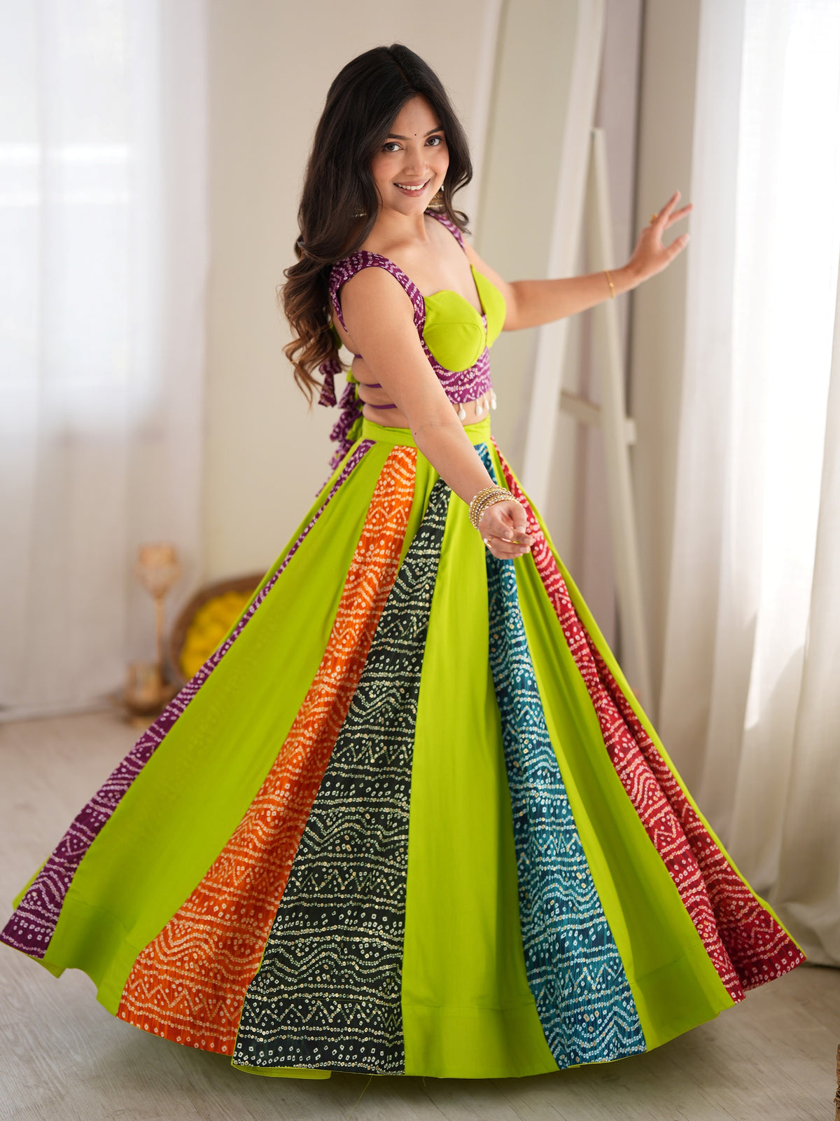 Stylist Parrot Green Digital Printed Rayon Navratri Wear Lehenga Choli