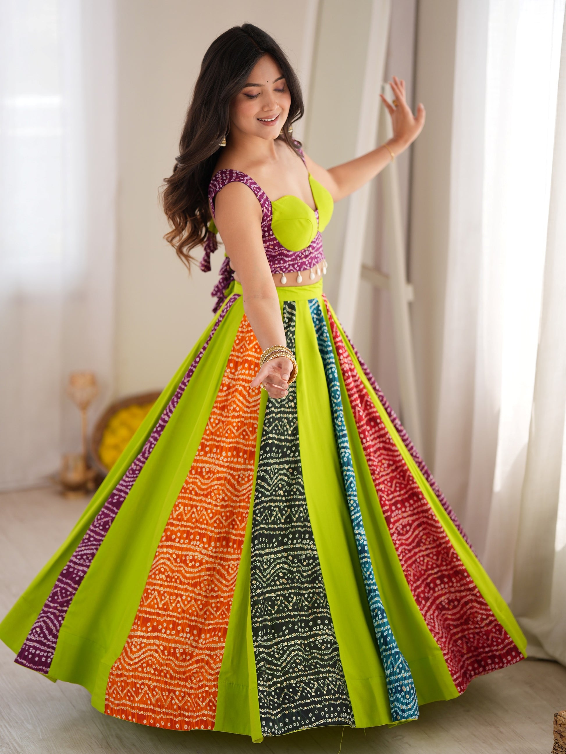 Stylist Parrot Green Digital Printed Rayon Navratri Wear Lehenga Choli