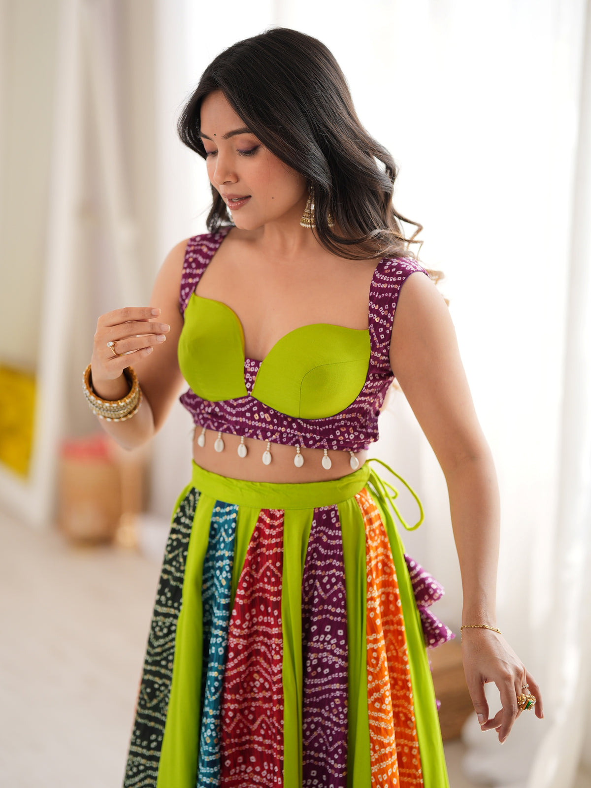 Stylist Parrot Green Digital Printed Rayon Navratri Wear Lehenga Choli