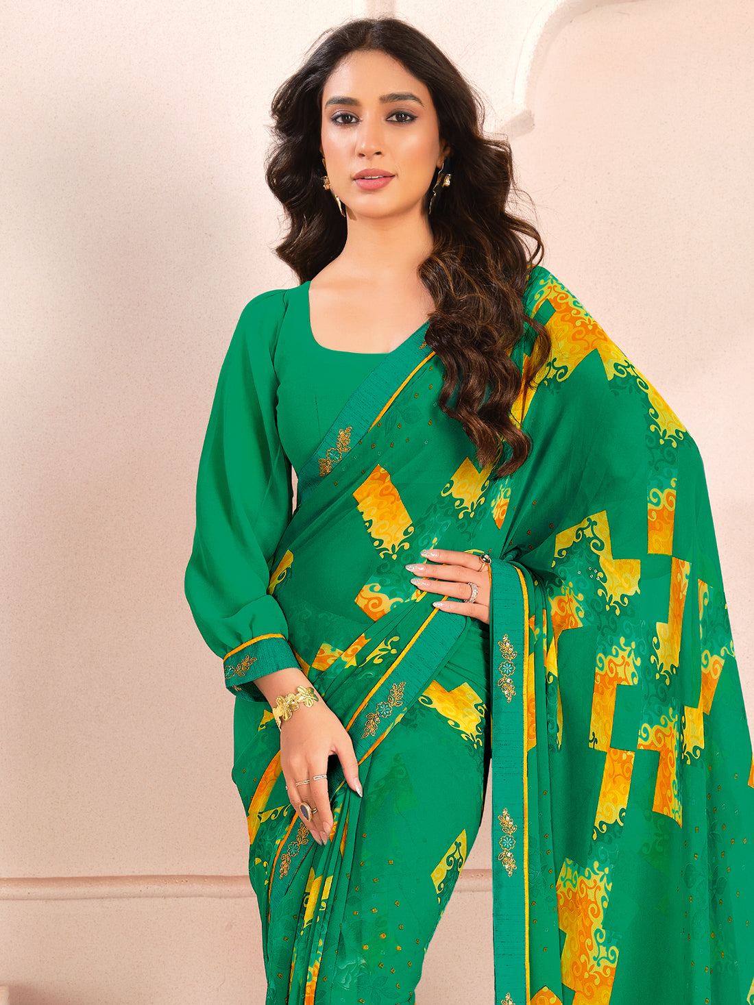 Charming Green Digital Printed Georgette Event Wear Saree With Blouse