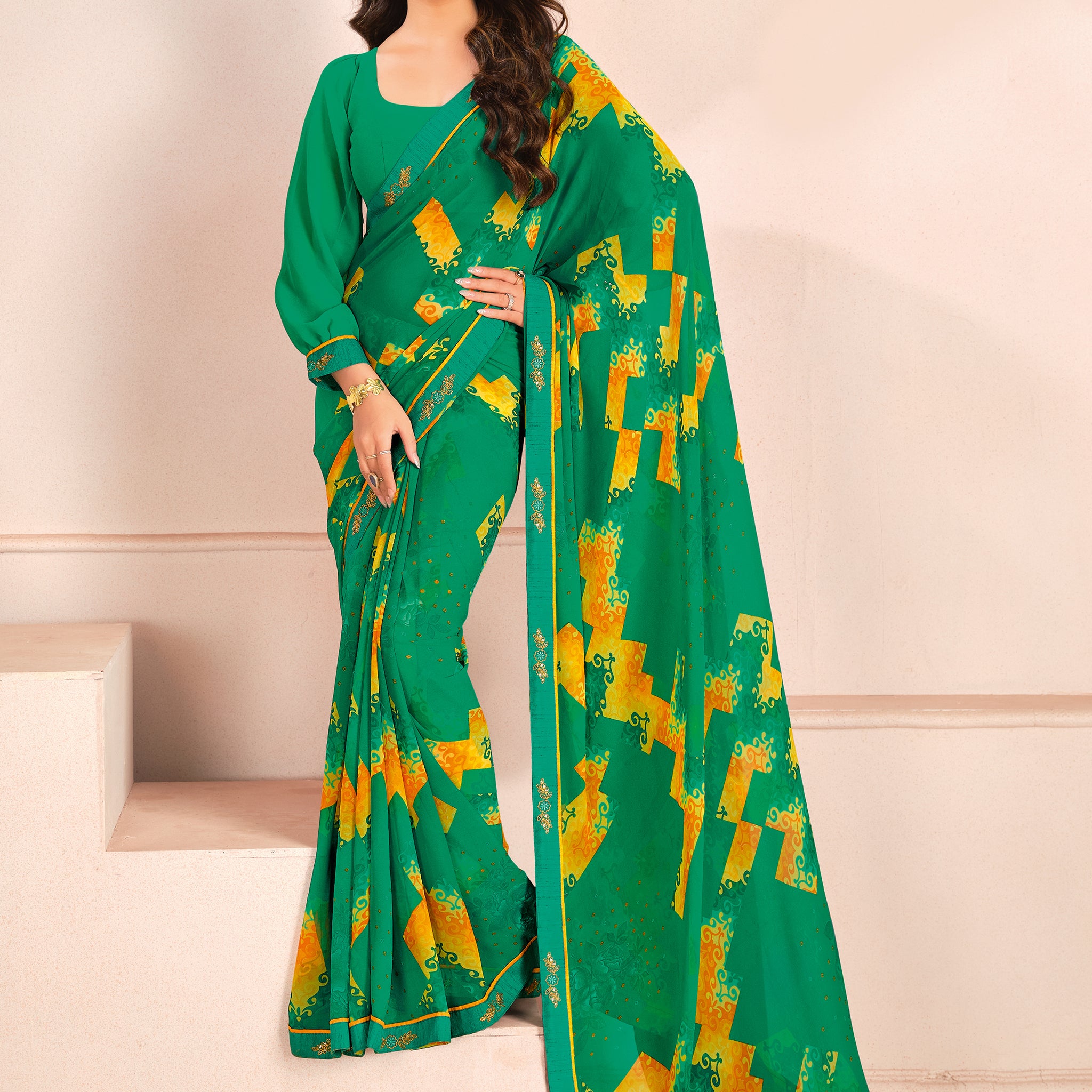 Charming Green Digital Printed Georgette Event Wear Saree With Blouse