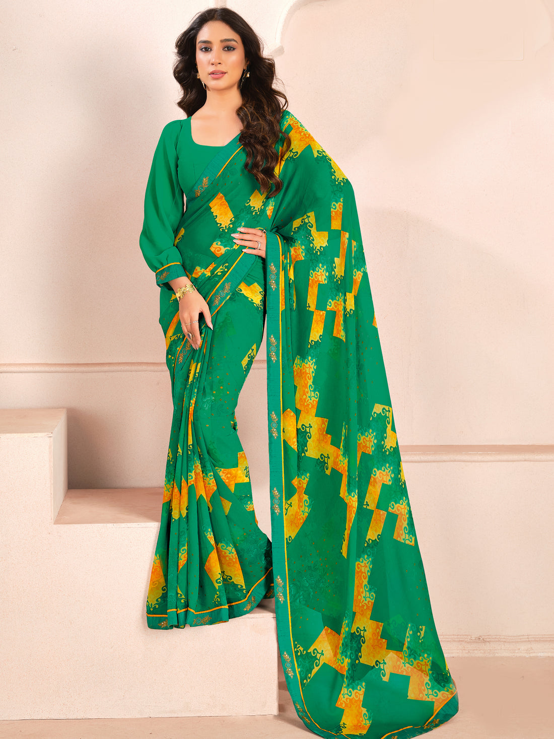 Charming Green Digital Printed Georgette Event Wear Saree With Blouse
