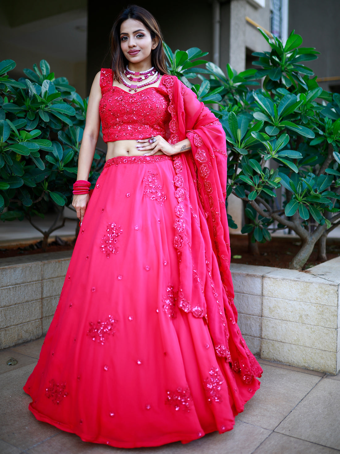 Gorgeous Pink Sequins Georgette Lehenga Choli With Dupatta