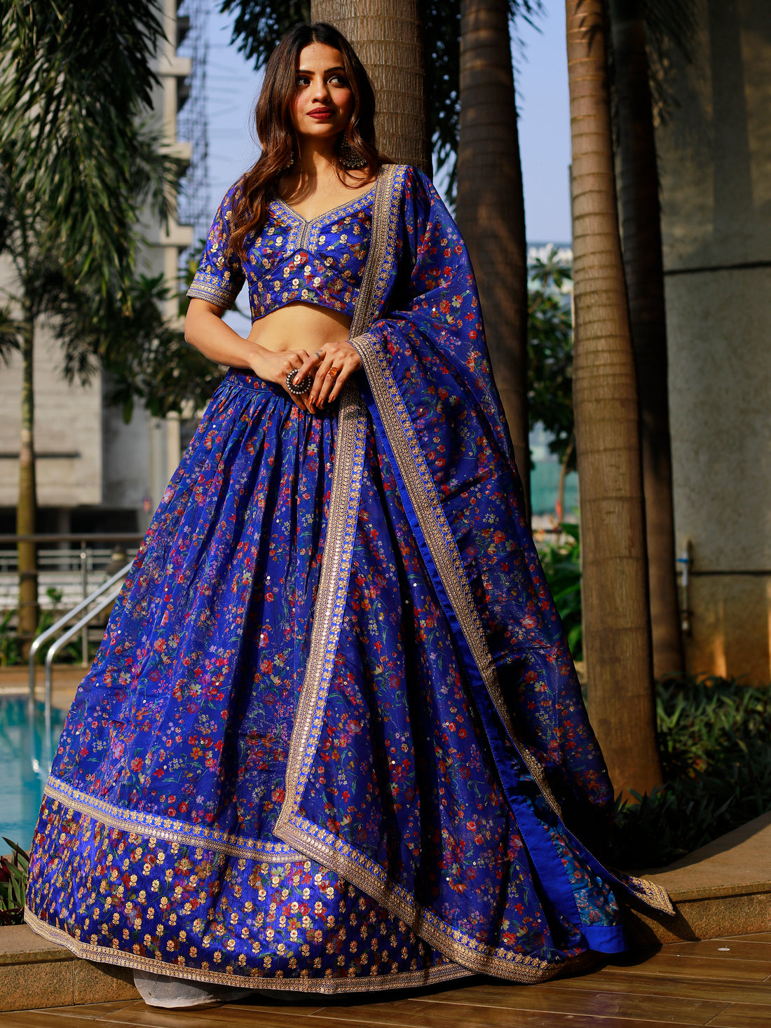 Adorable Royal Blue Floral Printed Organza Lehenga Choli With Dupatta