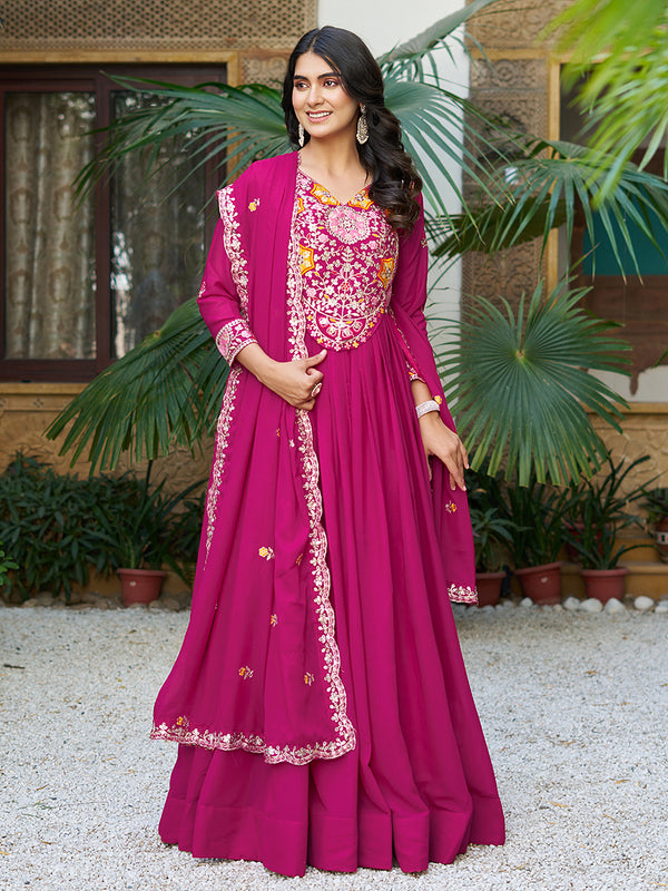 Adorable Pink Georgette Thread Sequins Festival Wear Gown With Dupatta