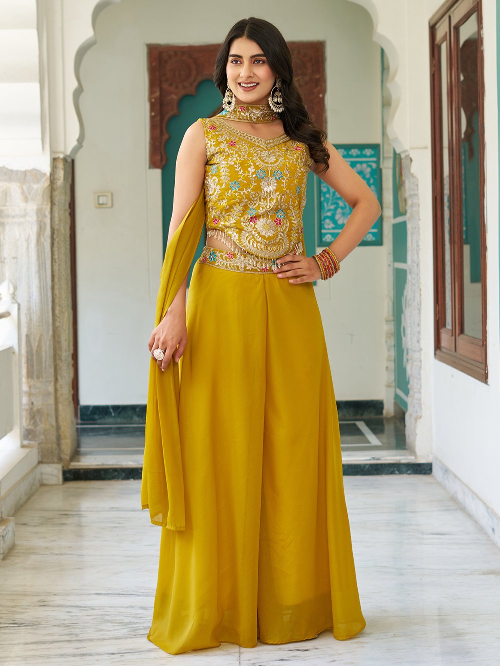 Glamorous Yellow Embroidered Georgette Party Wear Palazzo Suit