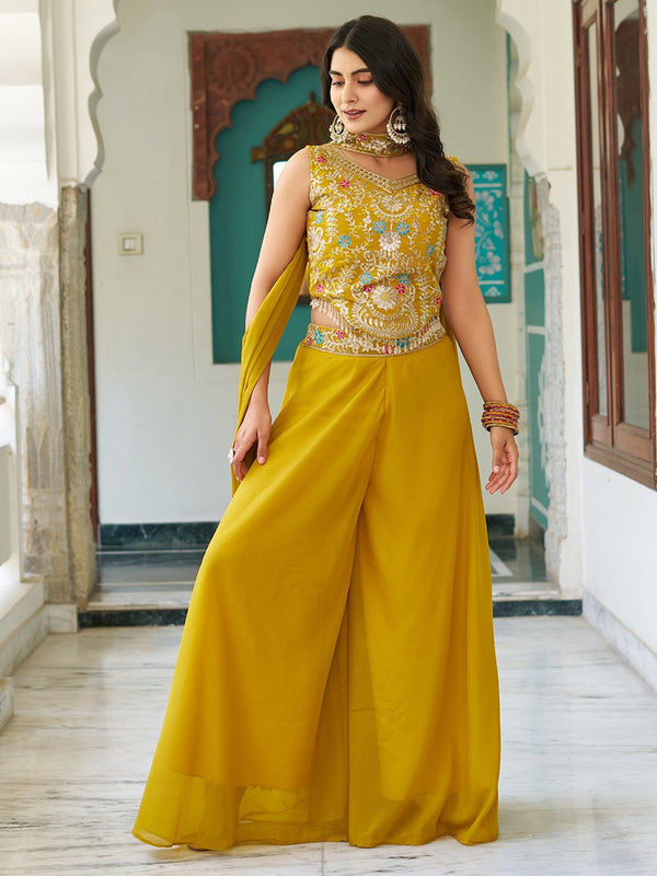 Glamorous Yellow Embroidered Georgette Party Wear Palazzo Suit