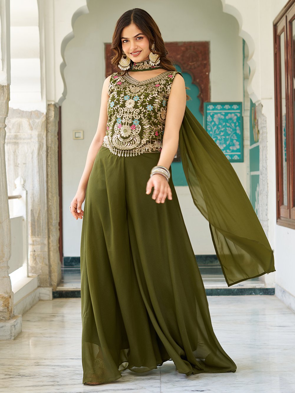 Marvelous Olive Green Thread Work Georgette Mehendi Wear Palazzo Suit