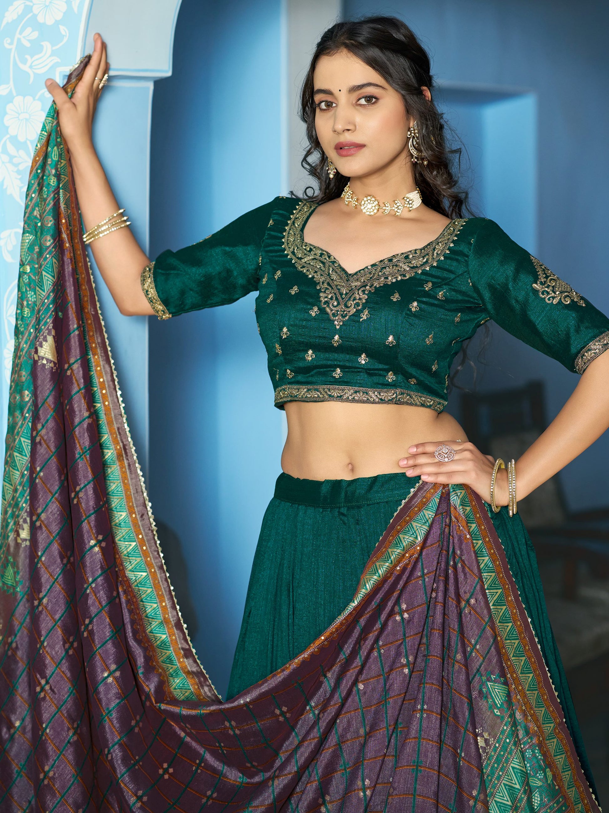 Lovely Teal Green Embroidered Silk Festivals Wear Lehenga Choli With Dupatta