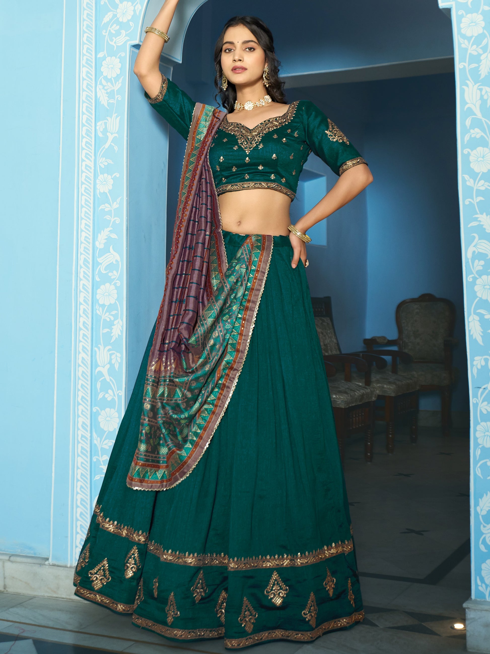 Lovely Teal Green Embroidered Silk Festivals Wear Lehenga Choli With Dupatta