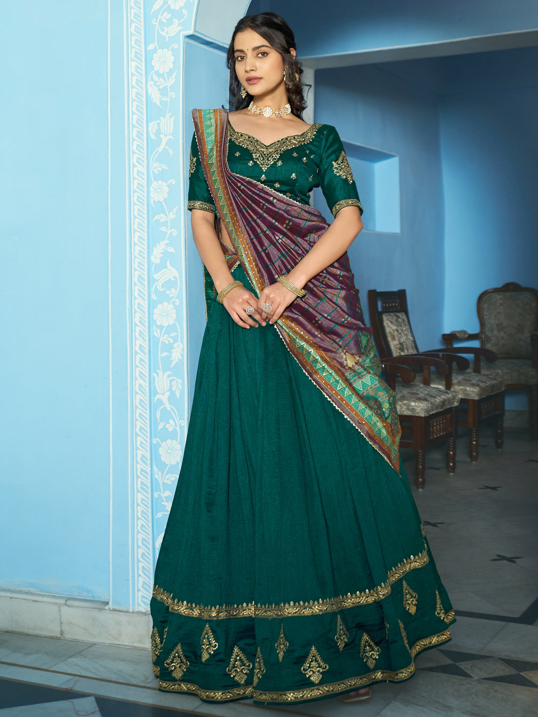 Lovely Teal Green Embroidered Silk Festivals Wear Lehenga Choli With Dupatta