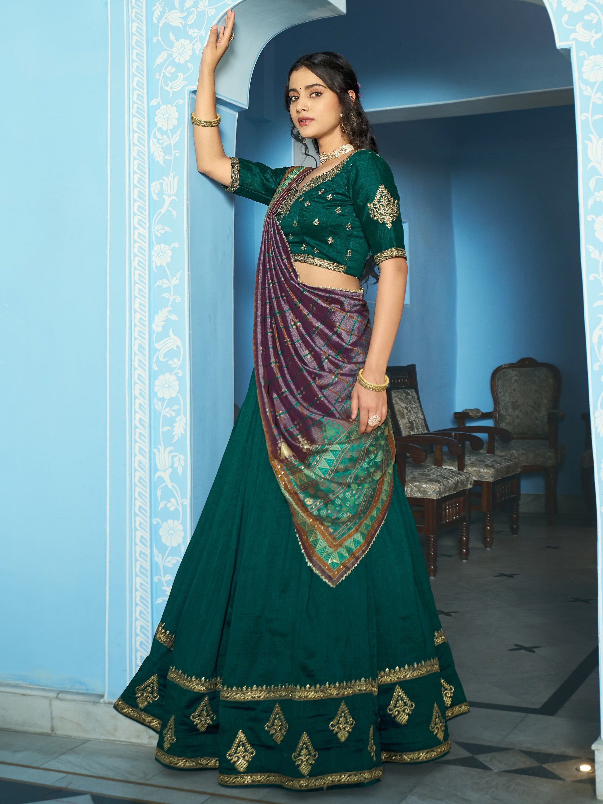 Lovely Teal Green Embroidered Silk Festivals Wear Lehenga Choli With Dupatta