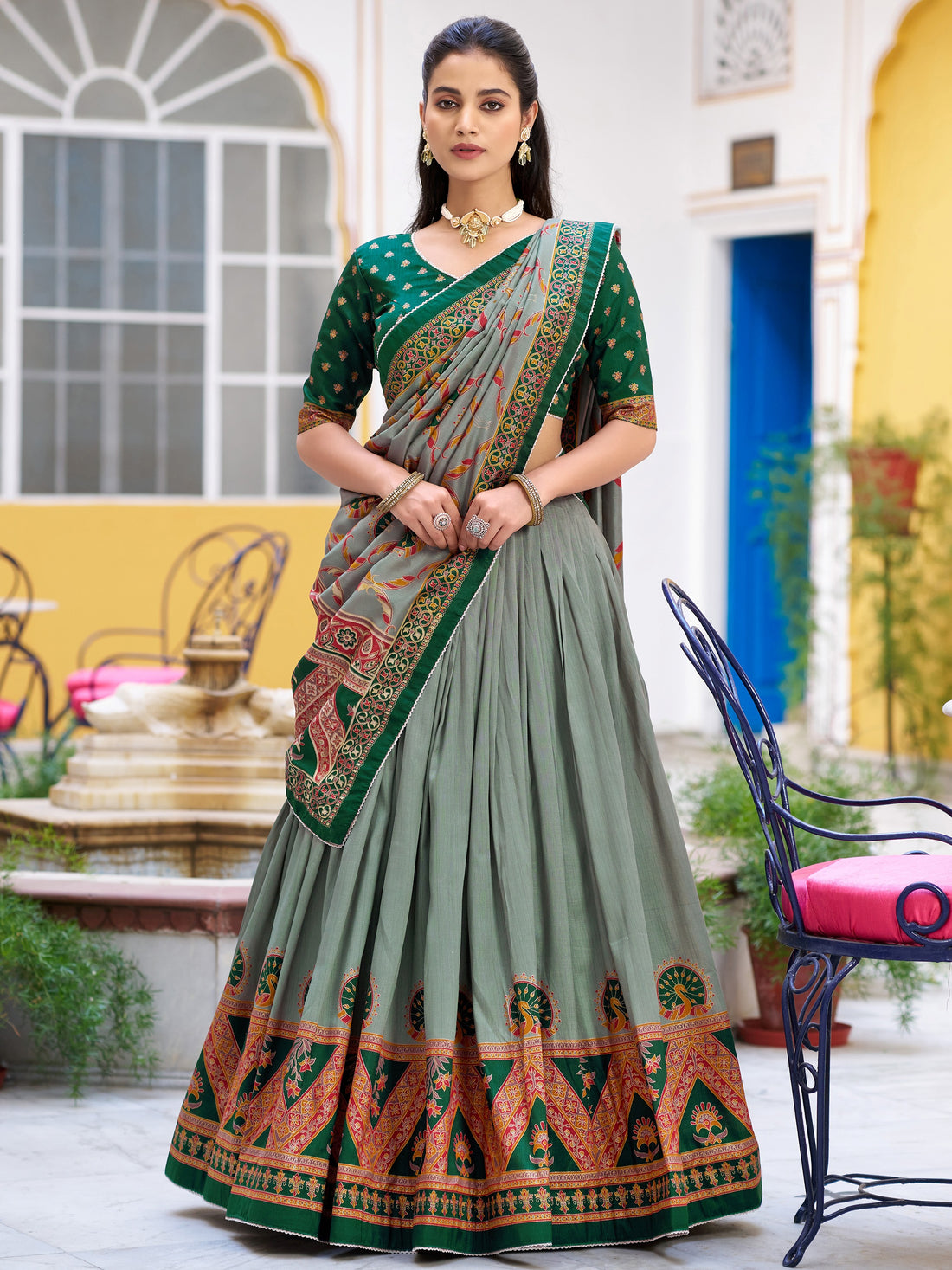 Awesome Green Digital Printed Silk Festival Wear Lehenga Choli