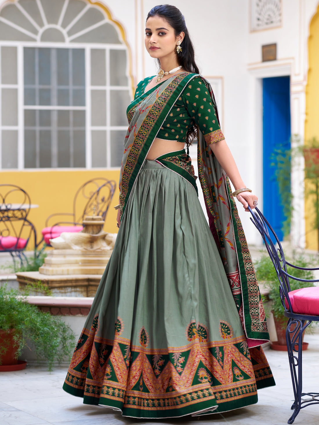 Awesome Green Digital Printed Silk Festival Wear Lehenga Choli