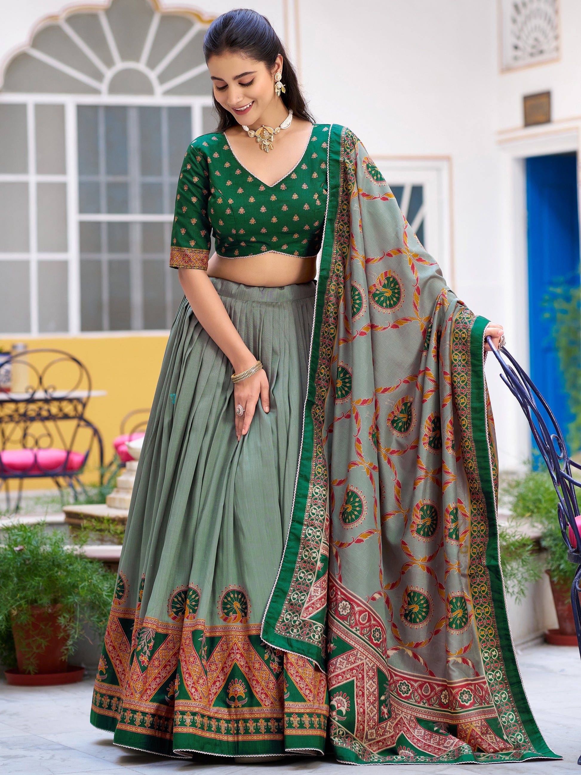 Awesome Green Digital Printed Silk Festival Wear Lehenga Choli