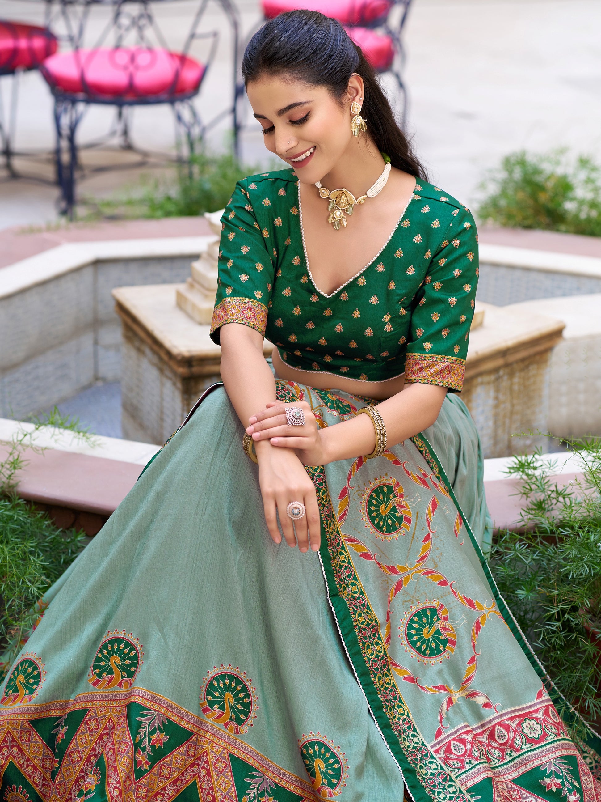 Awesome Green Digital Printed Silk Festival Wear Lehenga Choli