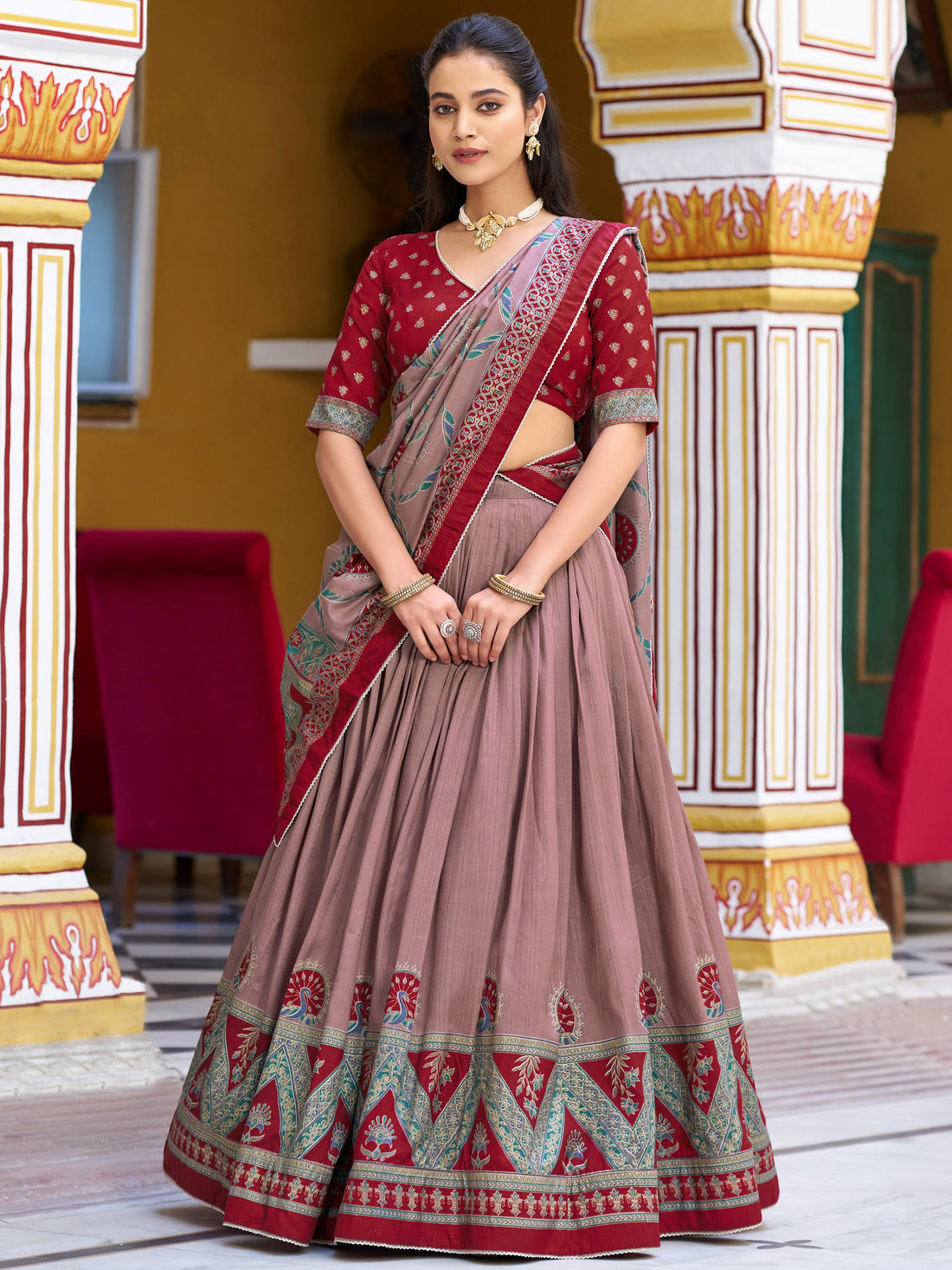Attractive Maroon Digital Printed Silk Traditional Lehenga With Choli