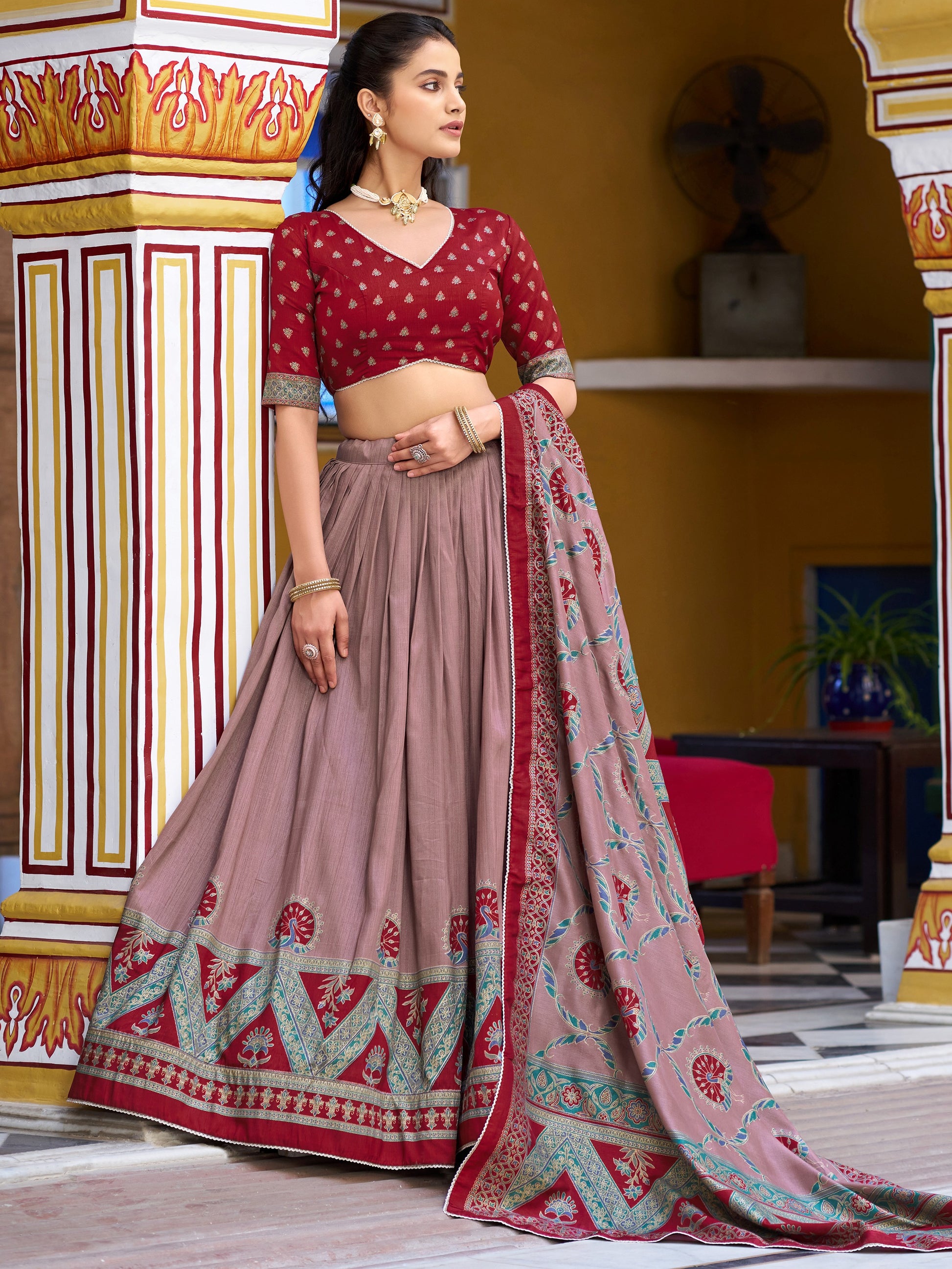 Attractive Maroon Digital Printed Silk Traditional Lehenga With Choli