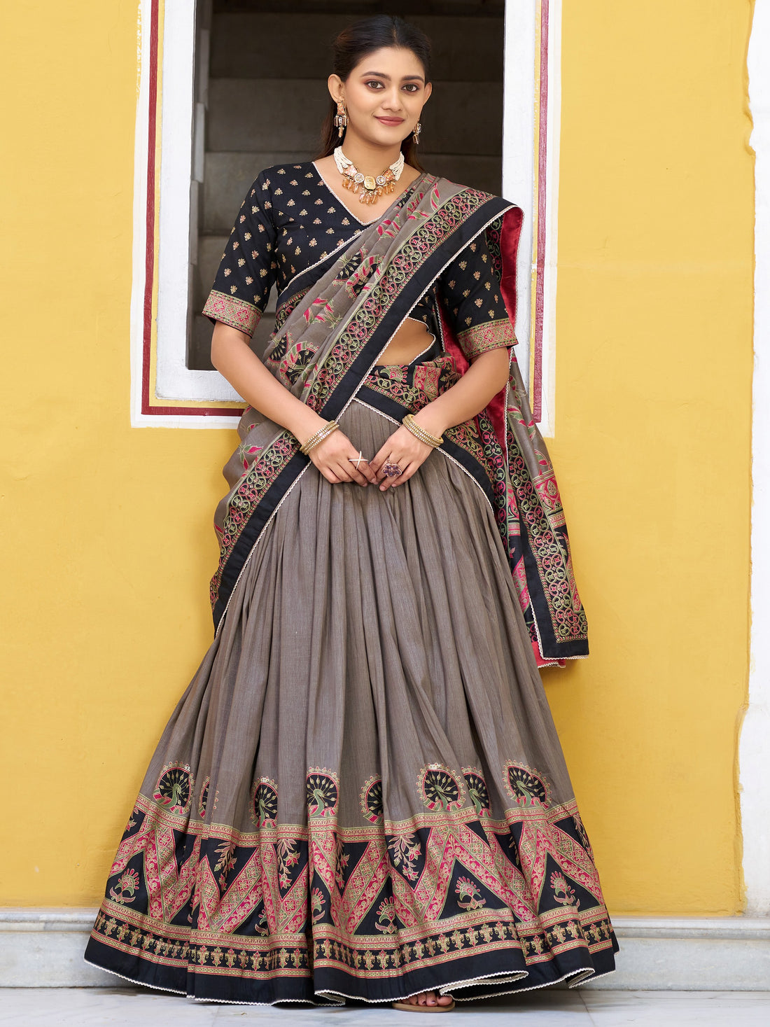 Spectacular Grey Digital Printed Silk Lehenga Choli With Dupatta