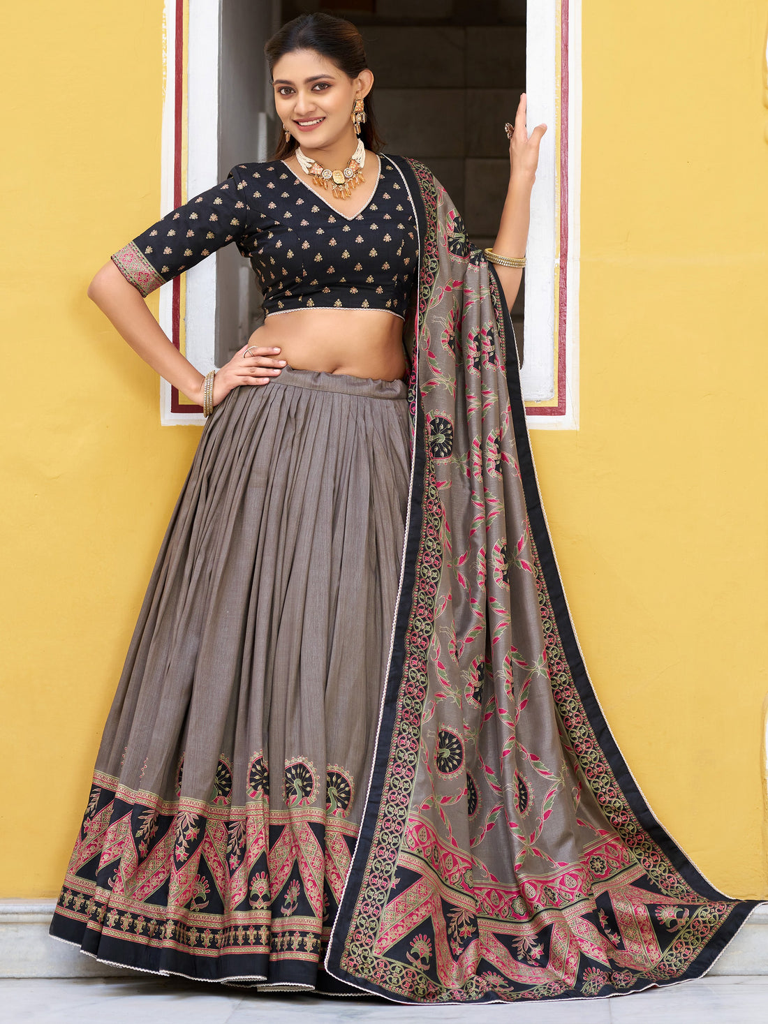 Spectacular Grey Digital Printed Silk Lehenga Choli With Dupatta