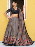 Spectacular Grey Digital Printed Silk Lehenga Choli With Dupatta