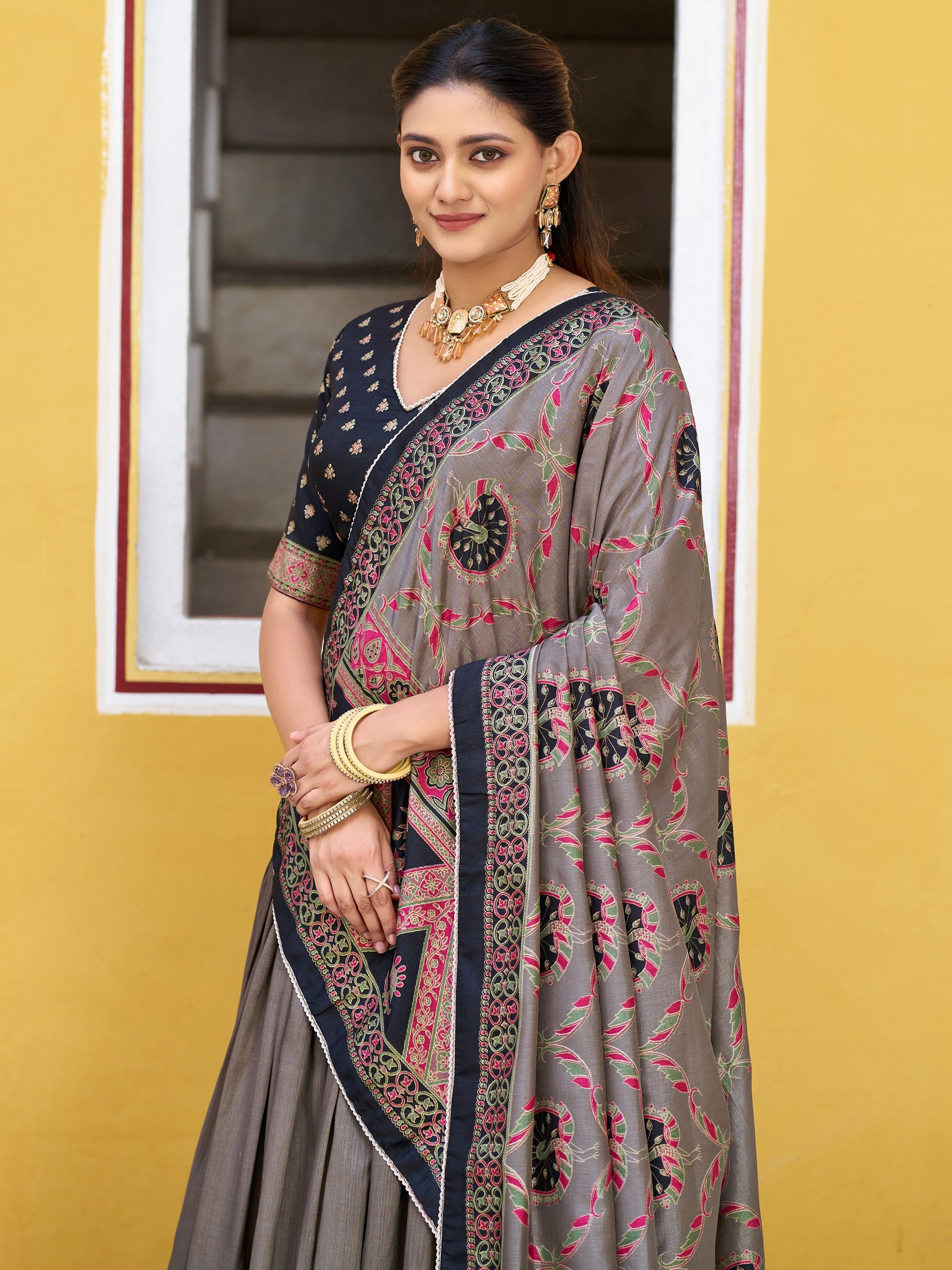 Spectacular Grey Digital Printed Silk Lehenga Choli With Dupatta