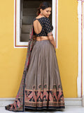 Spectacular Grey Digital Printed Silk Lehenga Choli With Dupatta
