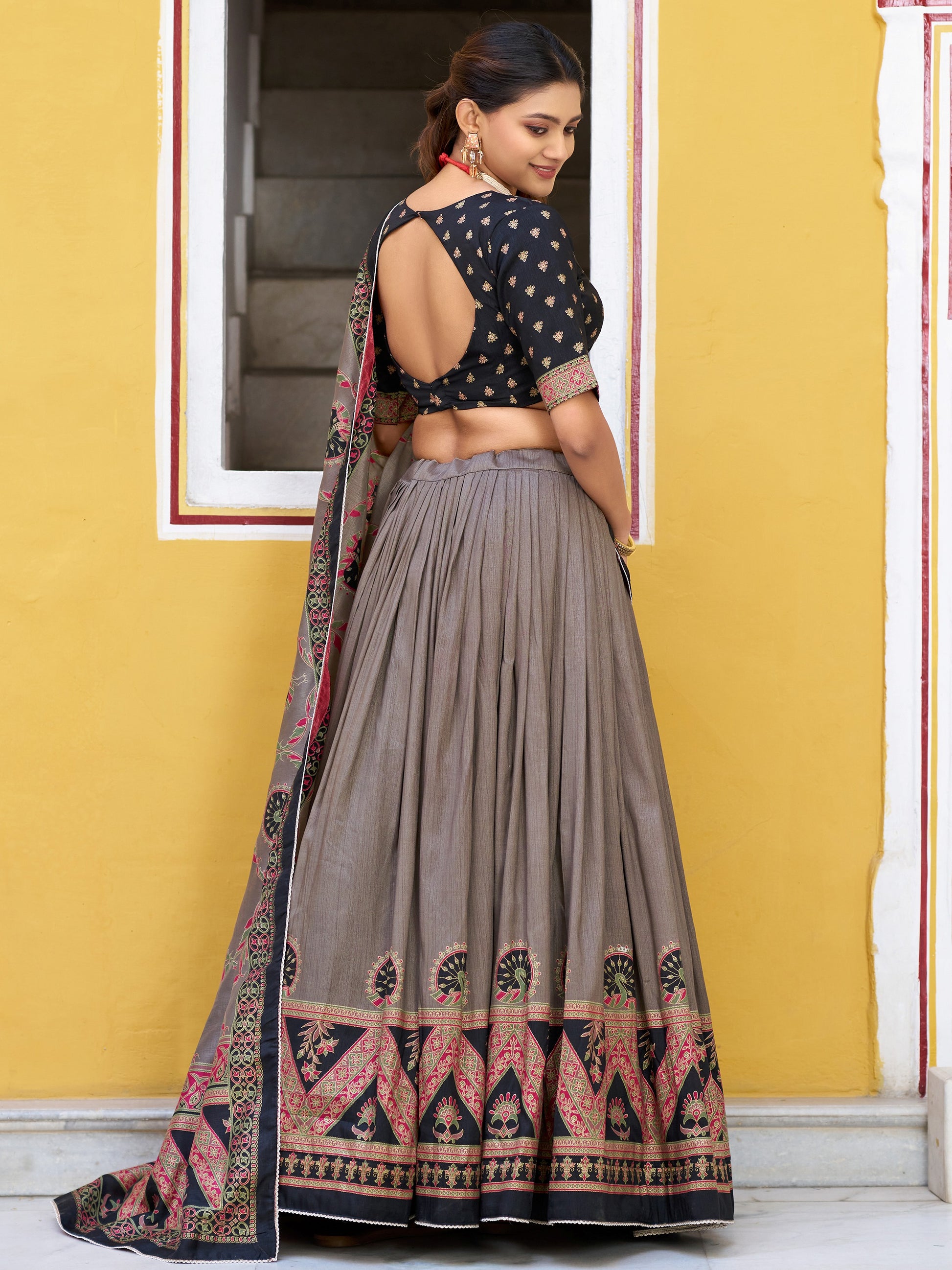 Spectacular Grey Digital Printed Silk Lehenga Choli With Dupatta