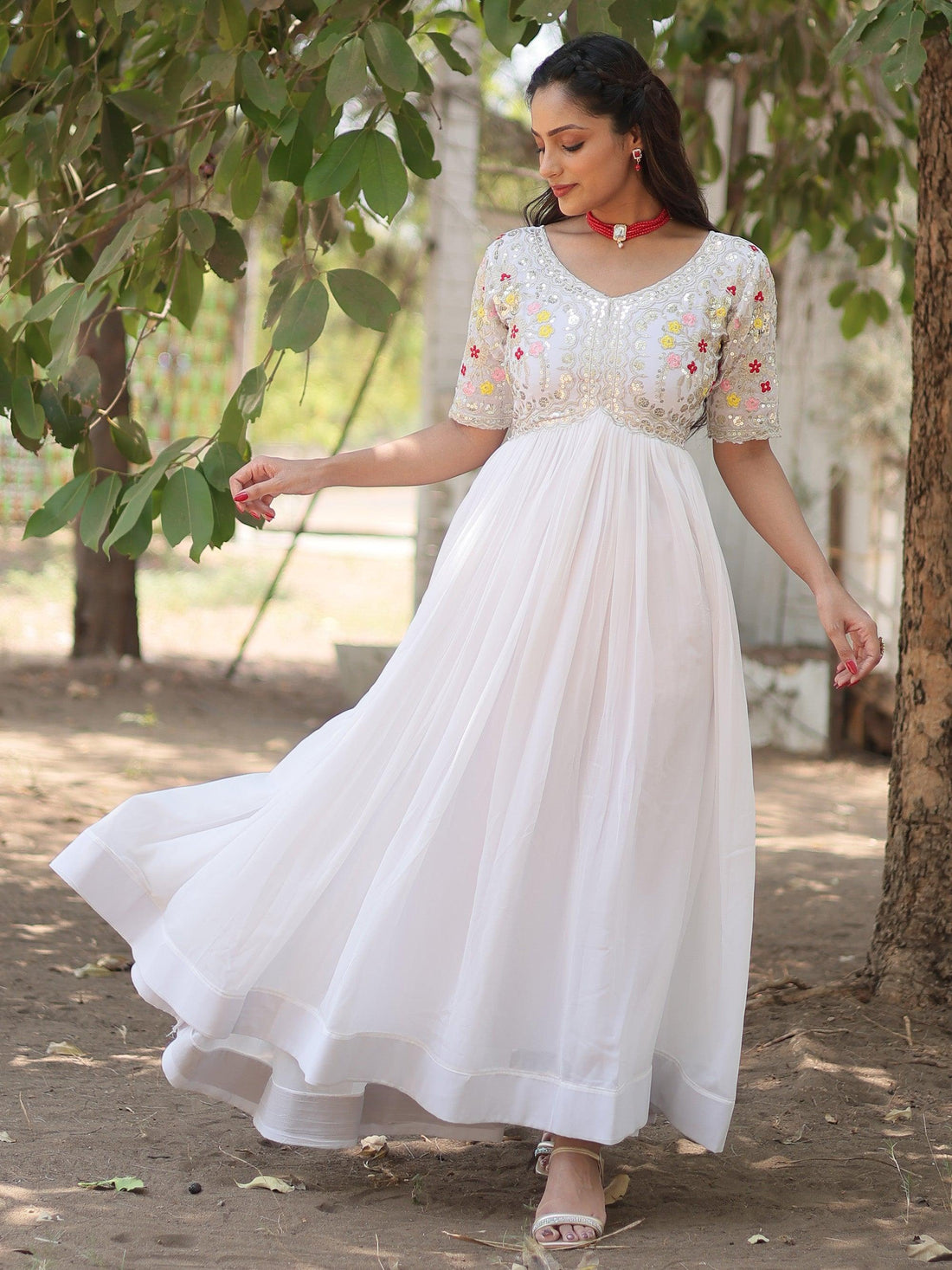 Spectacular White Thread Embroidered Georgette Traditional Gown