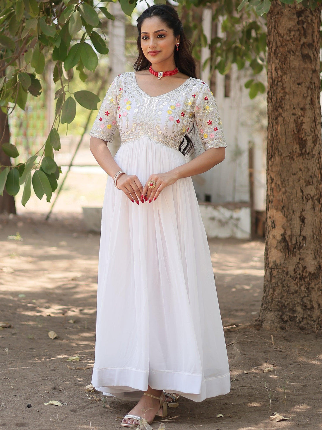 Spectacular White Thread Embroidered Georgette Traditional Gown