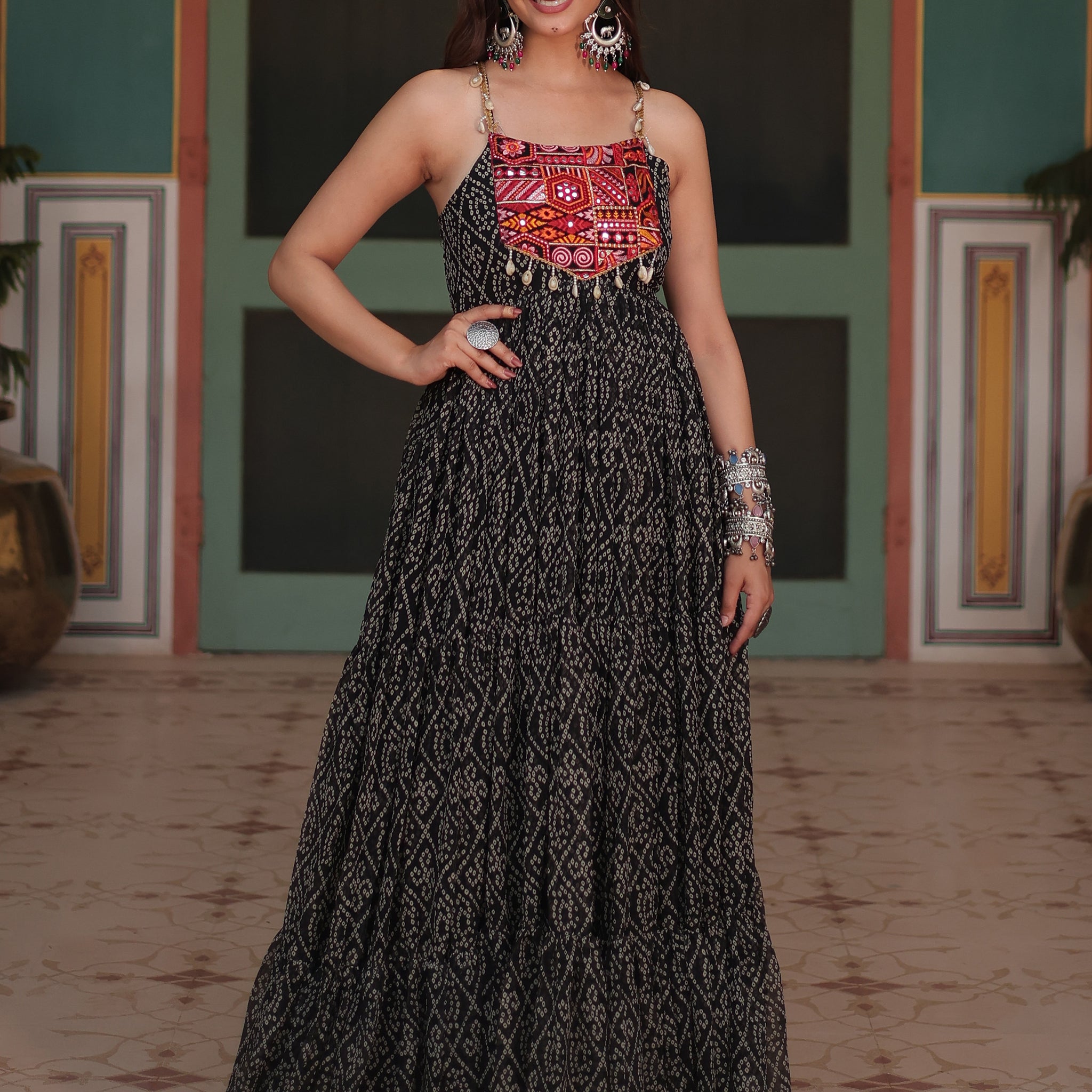 Stunning Black Bandhani Printed Georgette Navrati Wear Gown