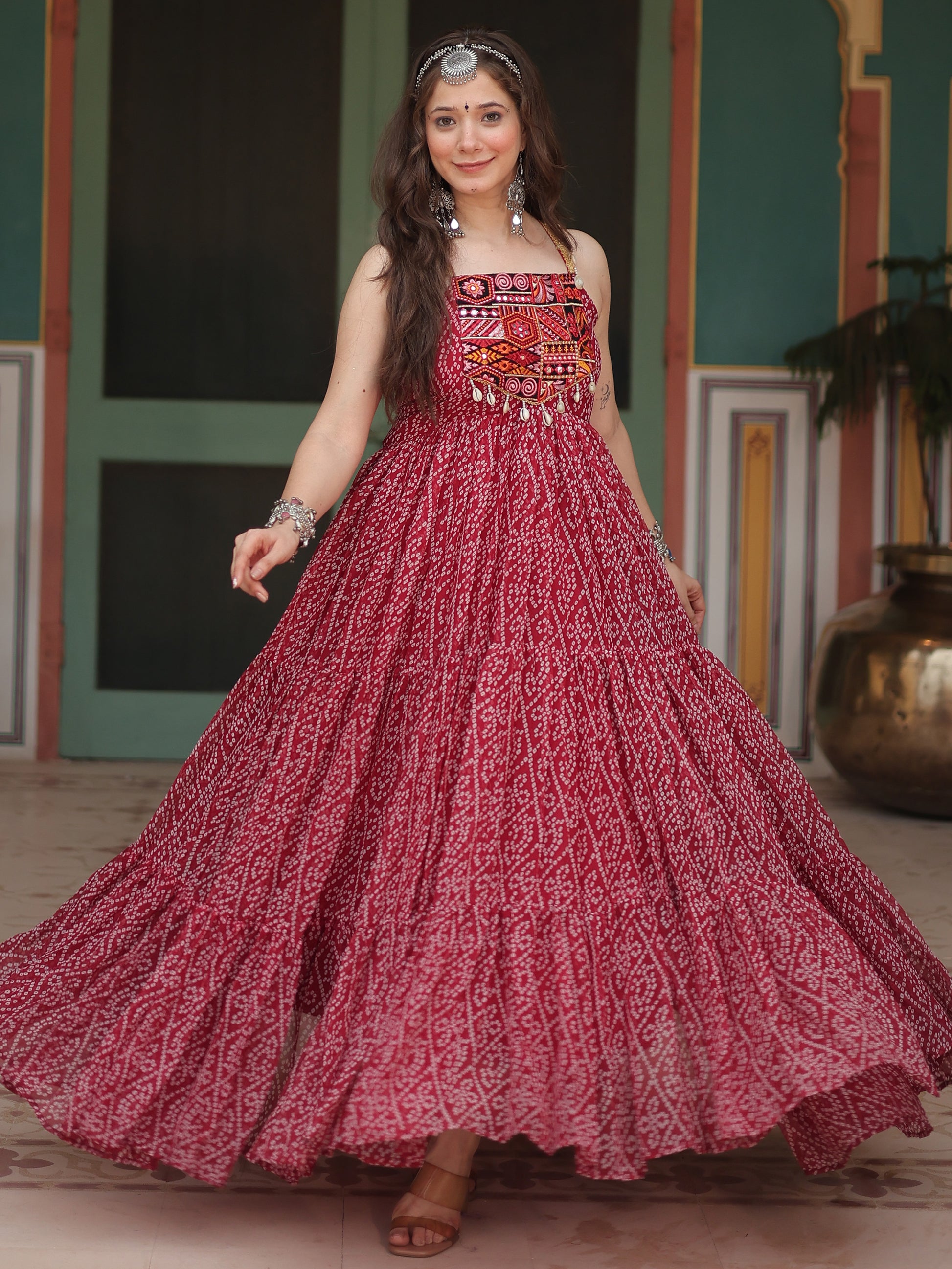 Adorable Maroon Bandhani Printed Georgette Navrati Wear Gown