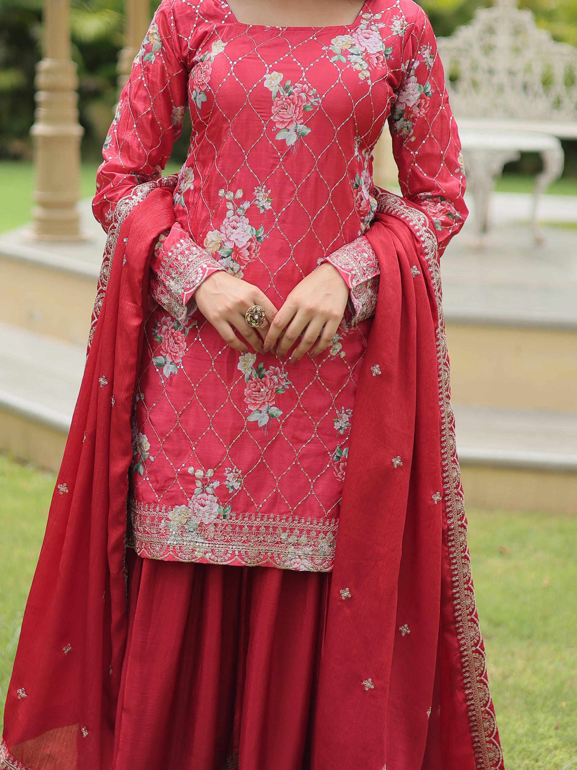 Incredible Maroon Sequins Chinon Festival Wear Palazzo Suit