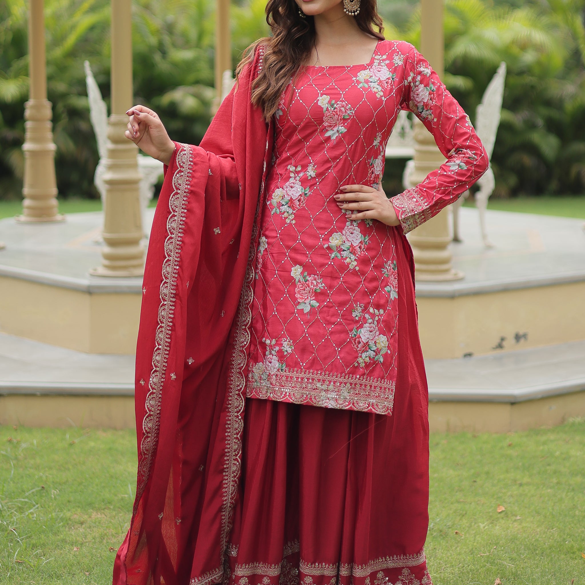Incredible Maroon Sequins Chinon Festival Wear Palazzo Suit