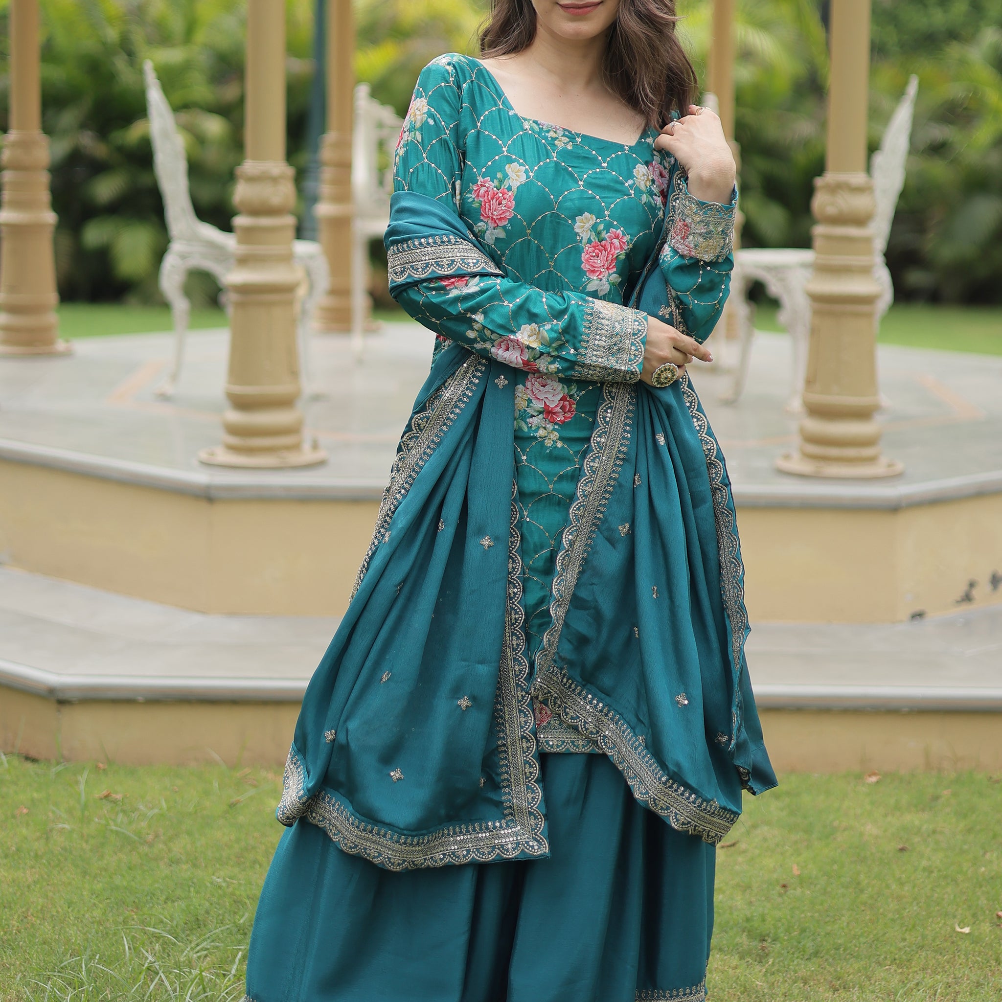 Attractive Teal Blue Sequins Chinon Palazzo Suit With Dupatta