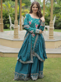 Attractive Teal Blue Sequins Chinon Palazzo Suit With Dupatta