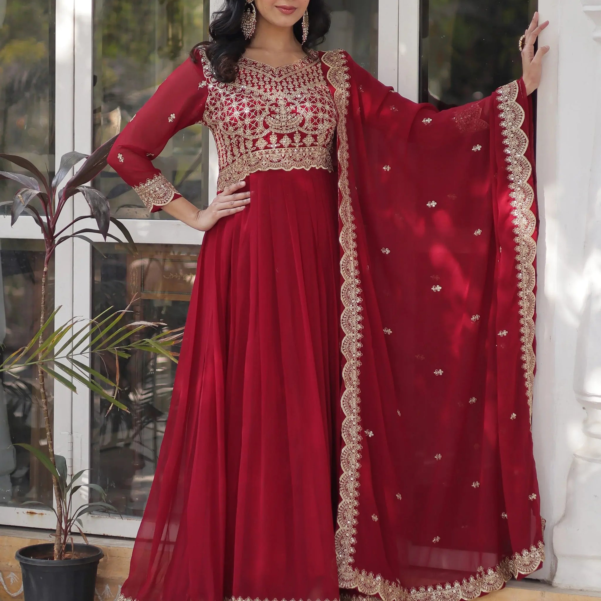 Magnetic Maroon Zari Embroidery Georgette Wedding Wear Gown With Dupatta