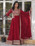Magnetic Maroon Zari Embroidery Georgette Wedding Wear Gown With Dupatta