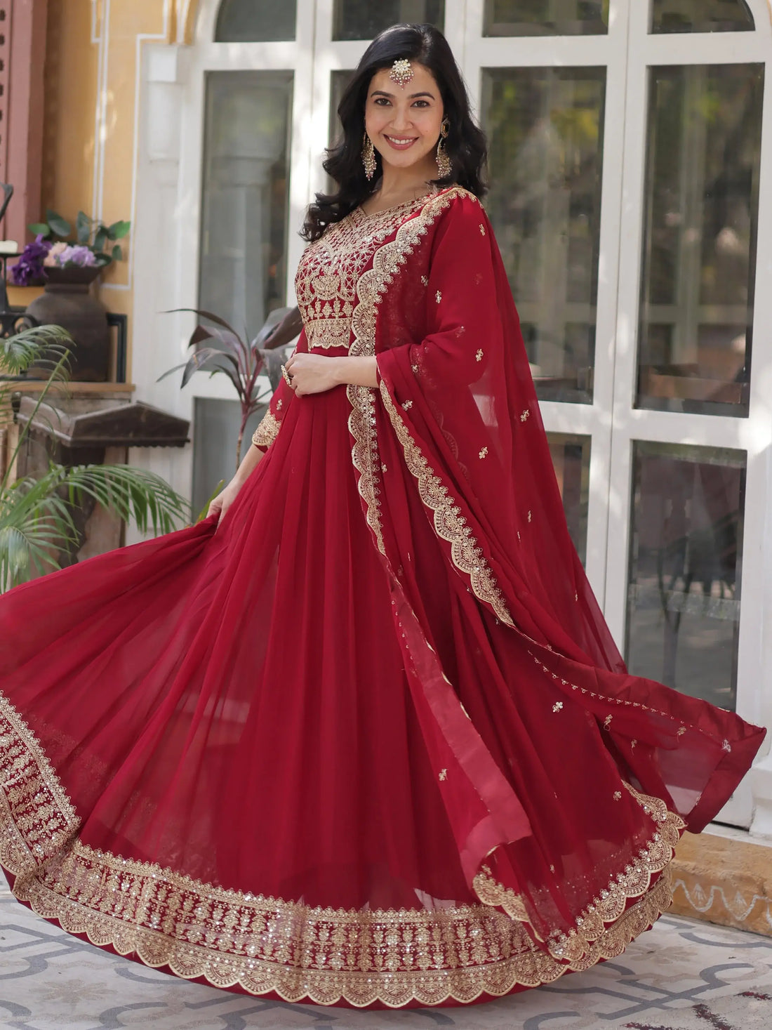 Magnetic Maroon Zari Embroidery Georgette Wedding Wear Gown With Dupatta