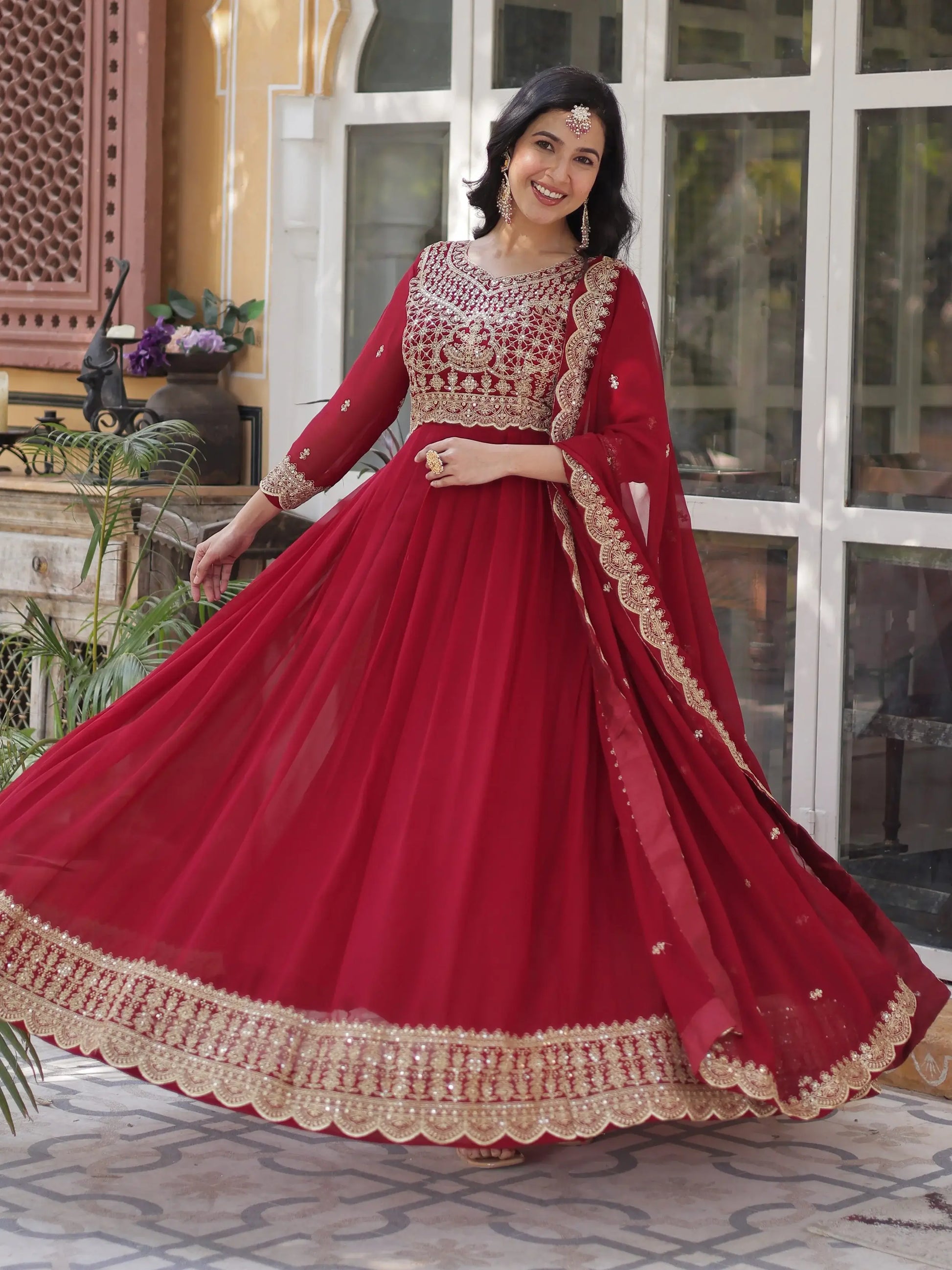 Magnetic Maroon Zari Embroidery Georgette Wedding Wear Gown With Dupatta