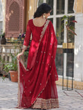 Magnetic Maroon Zari Embroidery Georgette Wedding Wear Gown With Dupatta