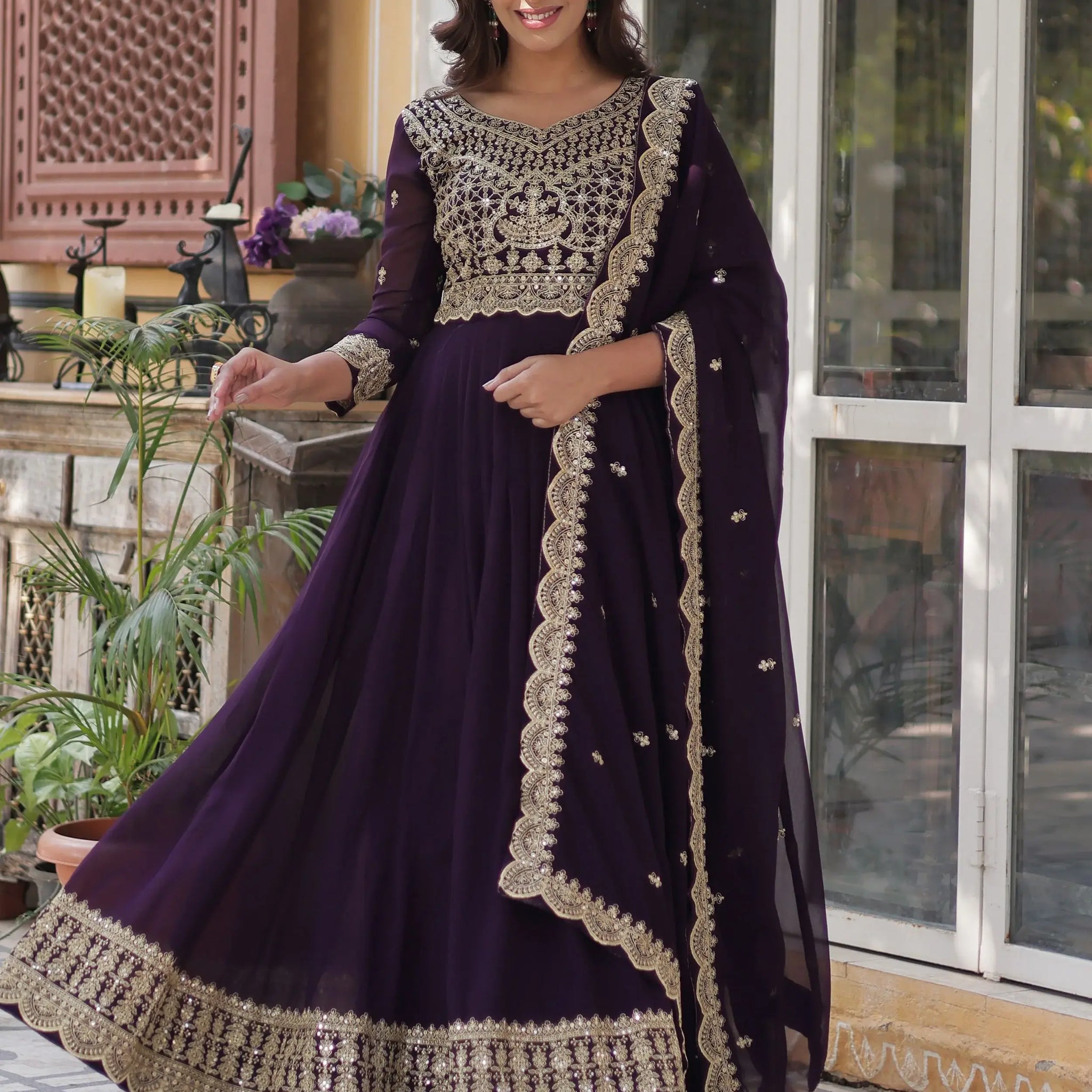 Super Wine Embroidered Georgette Function Wear Gown With Dupatta