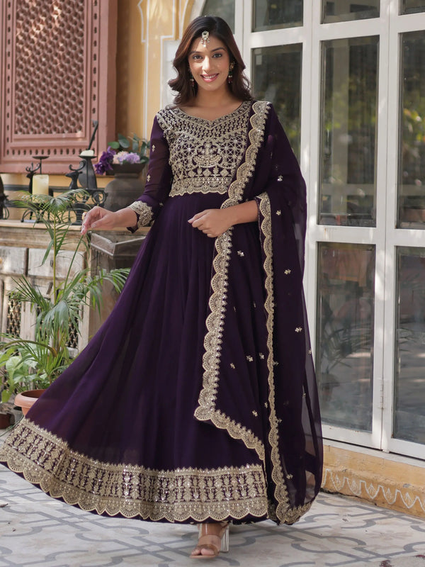 Super Wine Embroidered Georgette Function Wear Gown With Dupatta